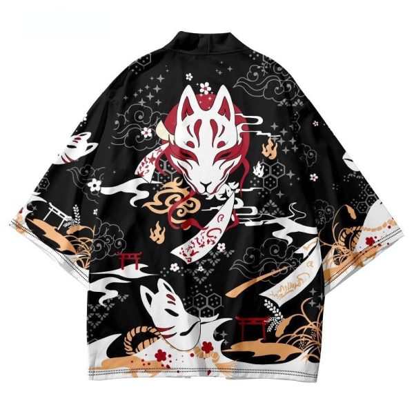 Japanese-themed Black Gold Nine Tailed Fox Unisex Kimono