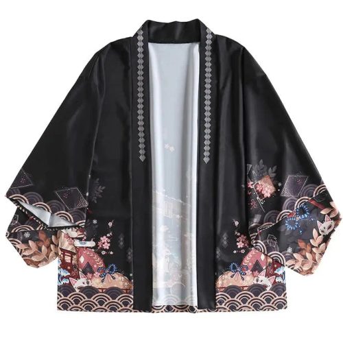Japanese-themed Black Green Shrines Sakura Unisex Kimono