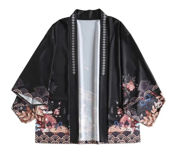 Japanese-themed Black Green Shrines Sakura Unisex Kimono