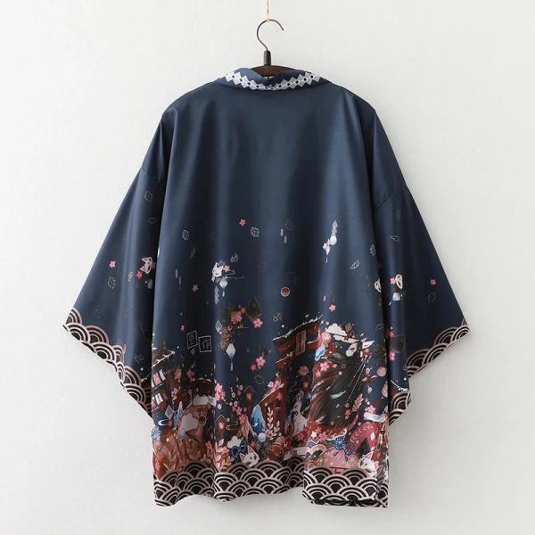 Japanese-themed Black Green Shrines Sakura Unisex Kimono