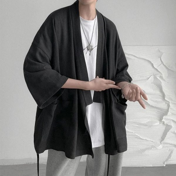Japanese-themed Black Midnight Purple Minimalist Men’s Kimono Jacket