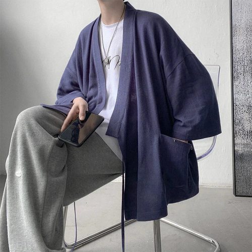 Japanese-themed Black Midnight Purple Minimalist Men’s Kimono Jacket