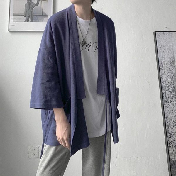 Japanese-themed Black Midnight Purple Minimalist Men’s Kimono Jacket