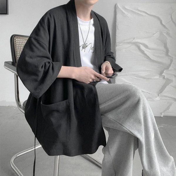 Japanese-themed Black Midnight Purple Minimalist Men’s Kimono Jacket