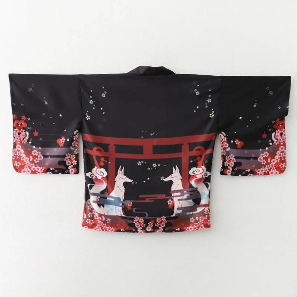 Japanese-themed Black Red Fox Snake Shrine Women's Kimono