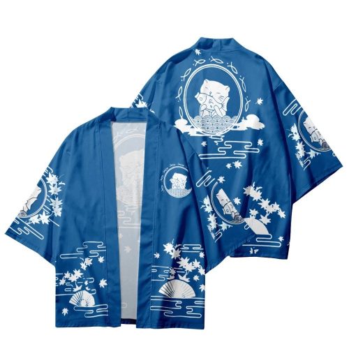Japanese-themed Blue Black Cat Fish Unisex Kimono Top