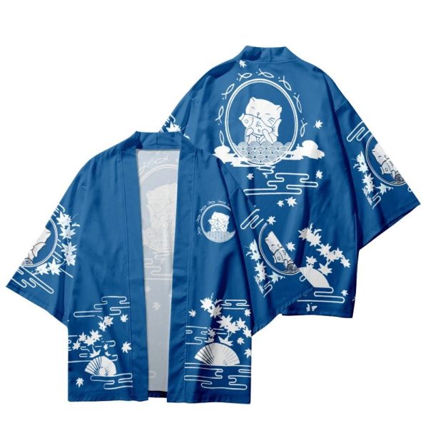 Japanese-themed Blue Black Cat Fish Unisex Kimono Top