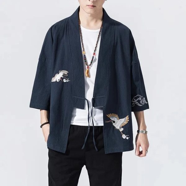 Japanese-themed Crane Cloud Minimal Men's Yukata Kimono Jacket