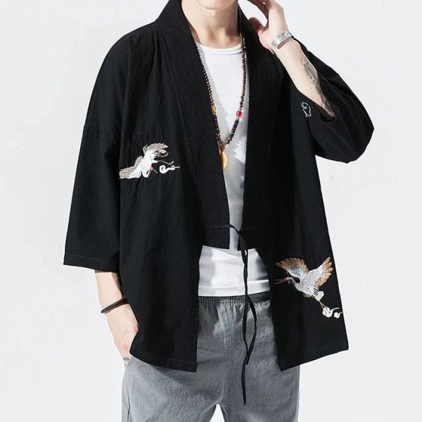 Japanese-themed Crane Cloud Minimal Men's Yukata Kimono Jacket