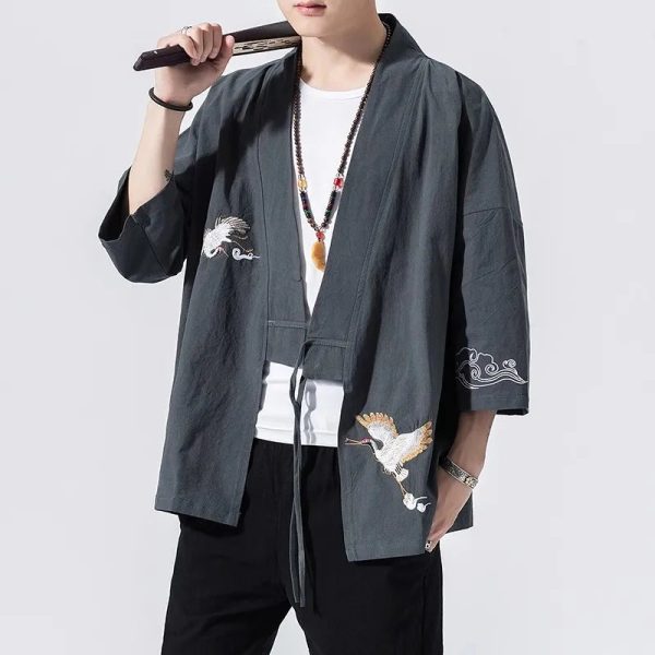 Japanese-themed Crane Cloud Minimal Men's Yukata Kimono Jacket
