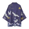 Japanese-themed Crane Cloudy Waves Unisex Purple/White Kimono