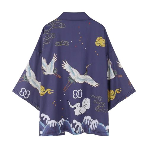 Japanese-themed Crane Cloudy Waves Unisex Purple/White Kimono