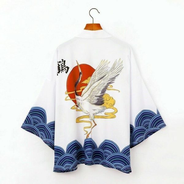 Japanese-themed Crane Cloudy Waves Unisex Purple/White Kimono