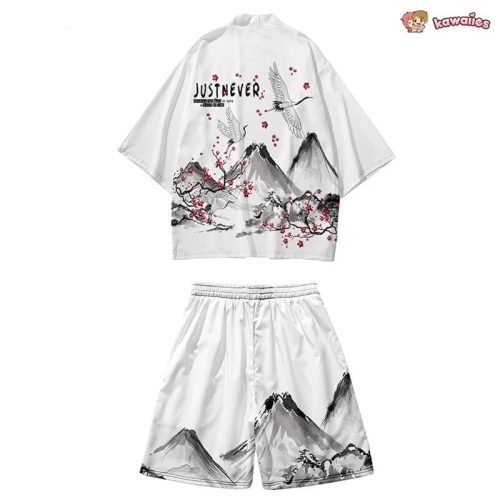 Japanese-themed Crane Mountains Two-Piece Kimono Top & Shorts Sets