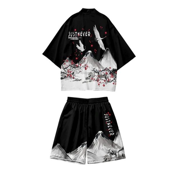 Japanese-themed Crane Mountains Two-Piece Kimono Top & Shorts Sets