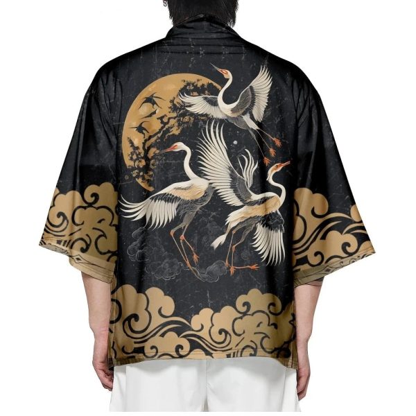Japanese-themed Crane Print Black Gold Unisex Kimono