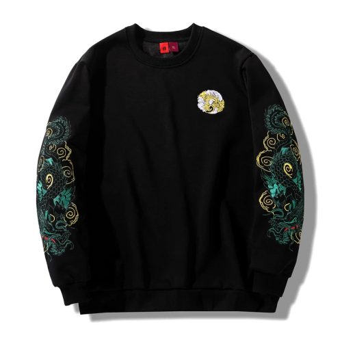 Japanese-themed Emerald Dragon Embroidery Unisex Black Sweatshirt