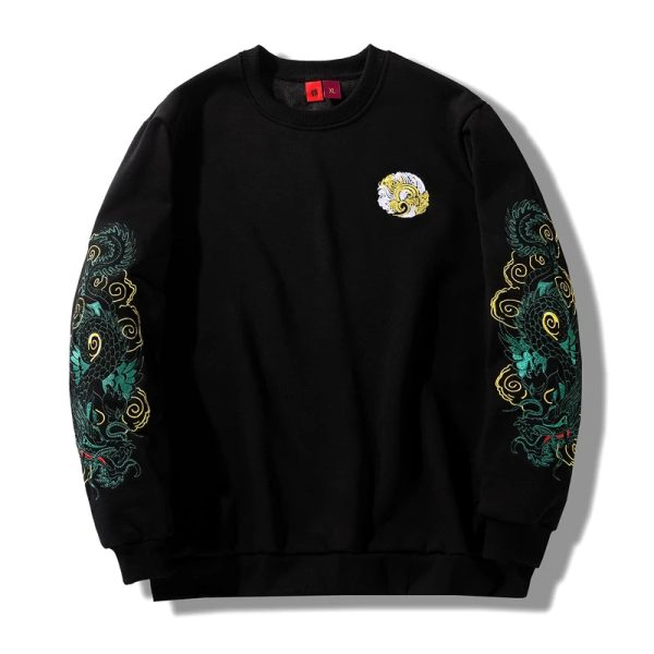 Japanese-themed Emerald Dragon Embroidery Unisex Black Sweatshirt