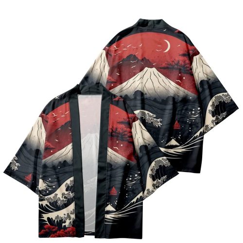 Japanese-themed Great Wave off Kanagawa Red Purple Unisex Kimono