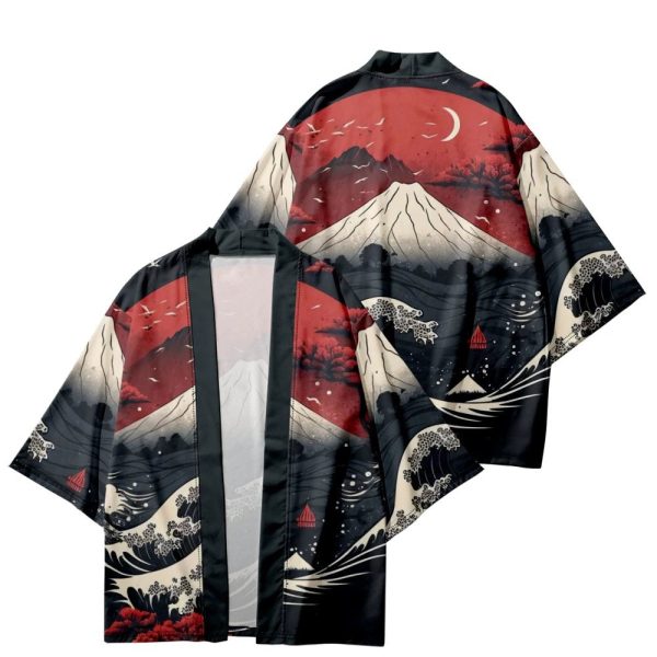Japanese-themed Great Wave off Kanagawa Red Purple Unisex Kimono