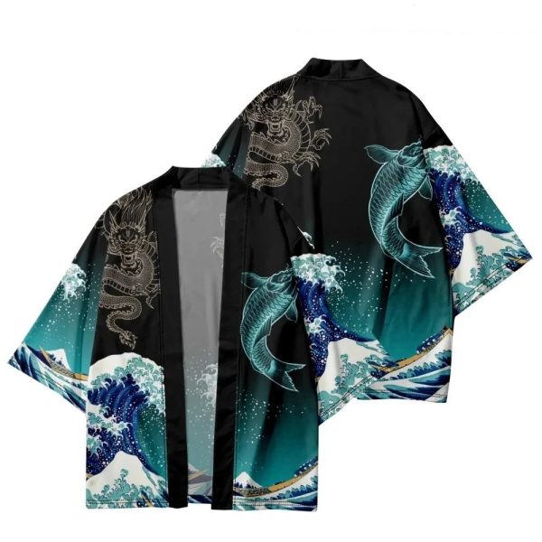Japanese-Themed Kanagawa Wave Black Unisex Kimono