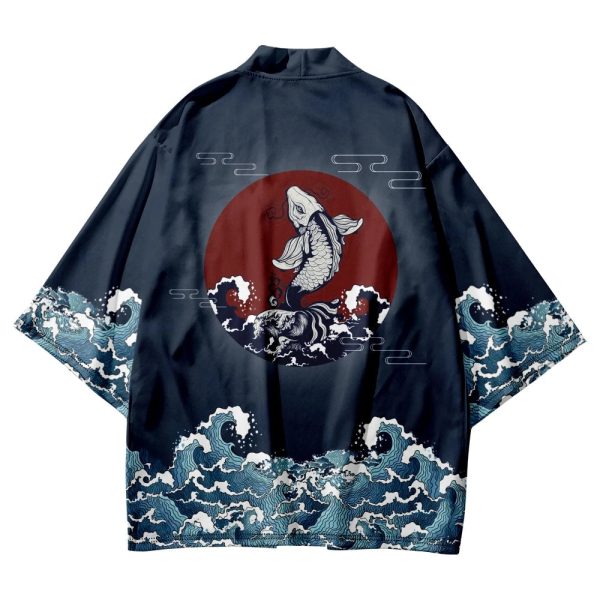 Japanese-themed Koi Great wave off Kanagawa Unisex Navy Kimono