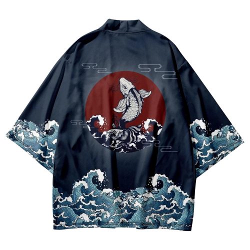 Japanese-themed Koi Great wave off Kanagawa Unisex Navy Kimono