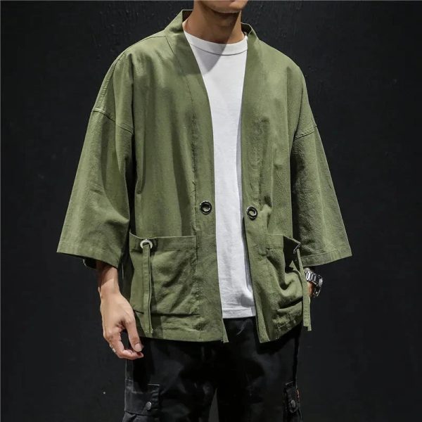 Japanese-themed Moss Green Charcoal Grey Men’s Kimono Jacket