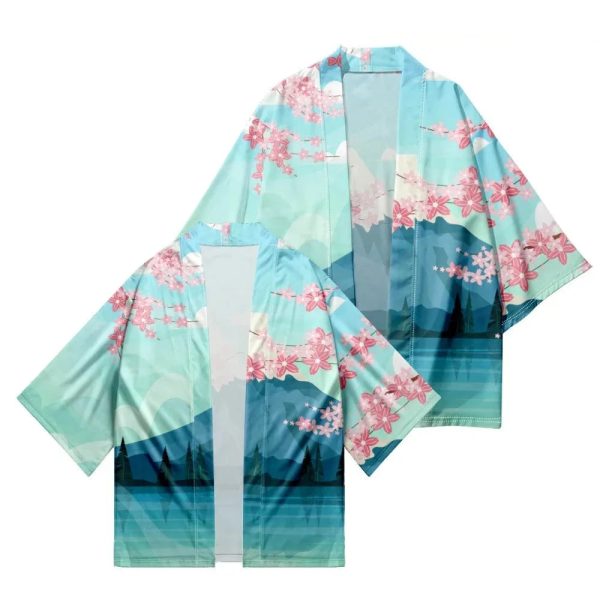 Japanese-themed Mount Fuji Sakura Blue Unisex Kimono