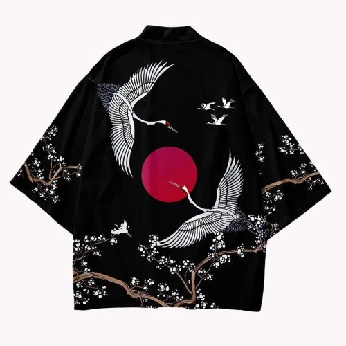 Japanese-themed Red Sun White Cranes Unisex Kimono