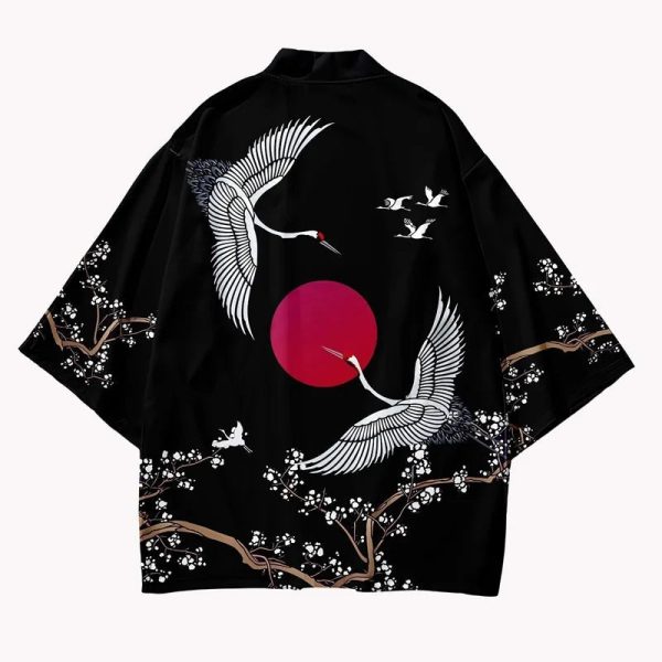 Japanese-themed Red Sun White Cranes Unisex Kimono
