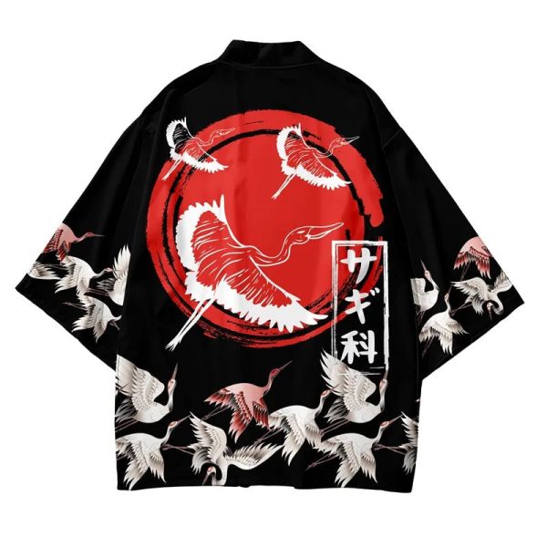 Japanese-themed Red Sun White Cranes Unisex Kimono