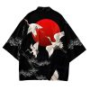 Japanese-themed Red Sun White Cranes Unisex Kimono
