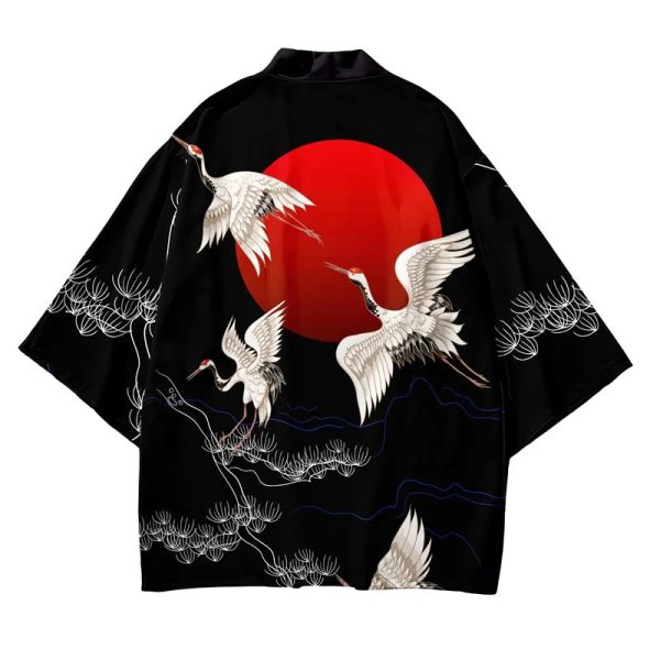 Japanese-themed Red Sun White Cranes Unisex Kimono