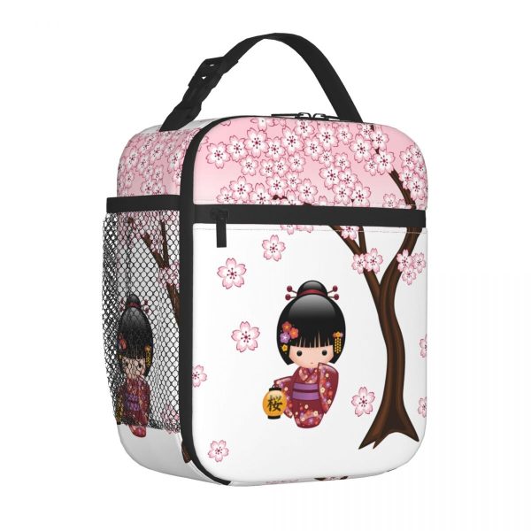 Japanese-themed Sakura Blossom Tree Keiko Kokeshi Doll Square Lunch Bag