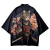 Japanese-themed Sakura Samurai Cat Print Unisex Kimono