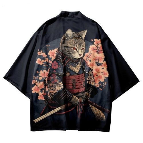 Japanese-themed Sakura Samurai Cat Print Unisex Kimono