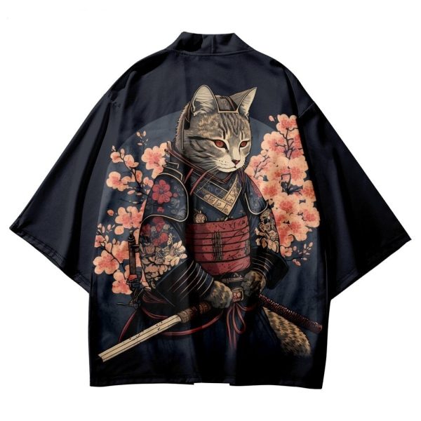 Japanese-themed Sakura Samurai Cat Print Unisex Kimono