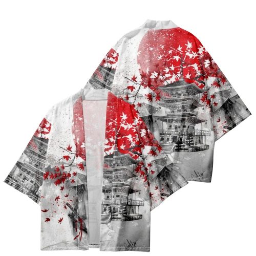 Japanese-themed Samurai Pagoda Red Sun Unisex Kimono