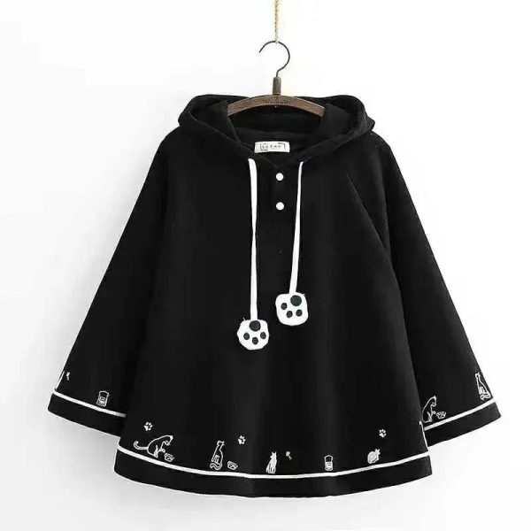 Kawaii White Black Hooded Cat Ears Oversized Ponchos Coats