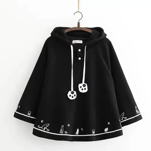Kawaii White Black Hooded Cat Ears Oversized Ponchos Coats