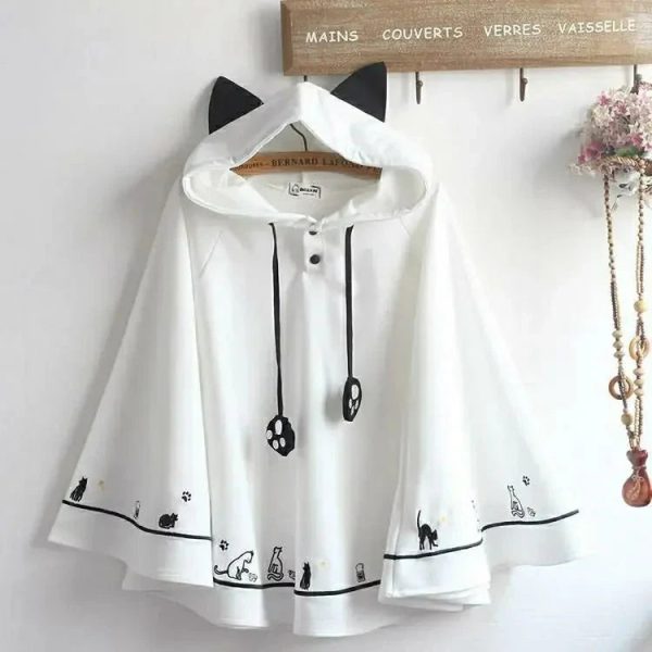 Kawaii White Black Hooded Cat Ears Oversized Ponchos Coats