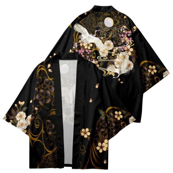 Japanese-themed White Crane Black Gold Unisex Kimono