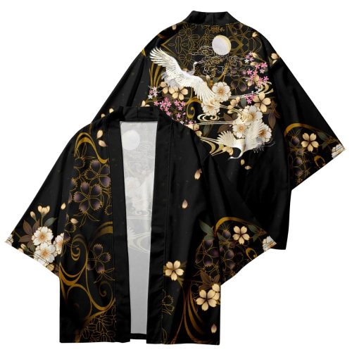 Japanese-themed White Crane Black Gold Unisex Kimono