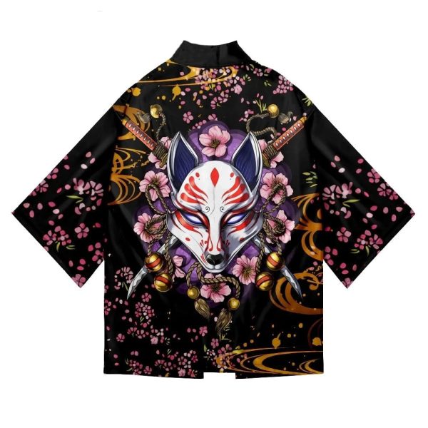 Japanese-themed White Fox Mask Sakura Unisex Kimono