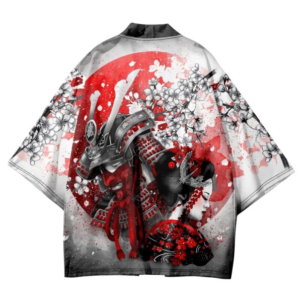 Japanese-themed White Kimono Lady Red Sakura Unisex Kimono