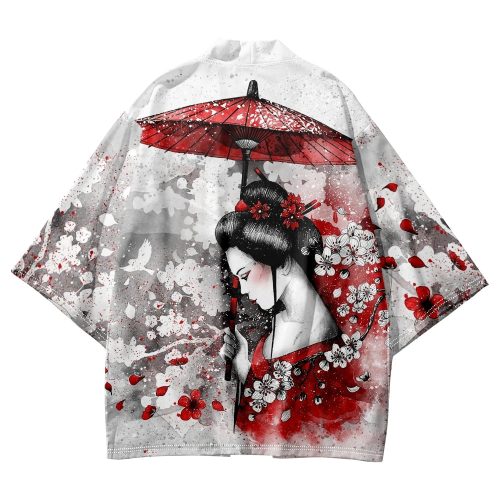 Japanese-themed White Kimono Lady Red Sakura Unisex Kimono