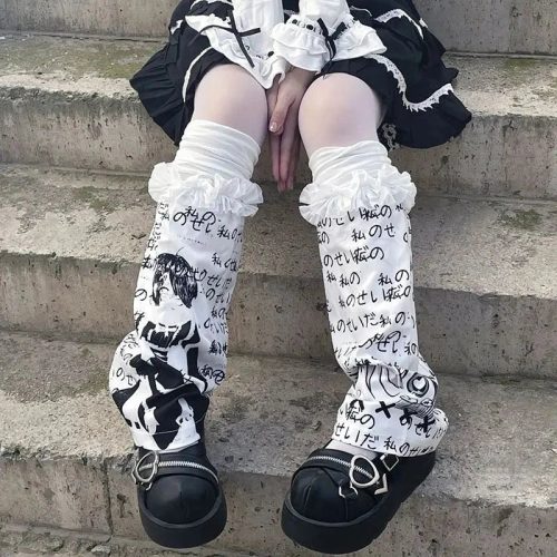 Japanese-themed Y2K Gothic Lolita White Black Ruffles Women's Leg Warmers