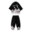 Japanese White Black Sakura Crane Mountains Mens Two-Piece Kimono Yukata Top & Pants Sets