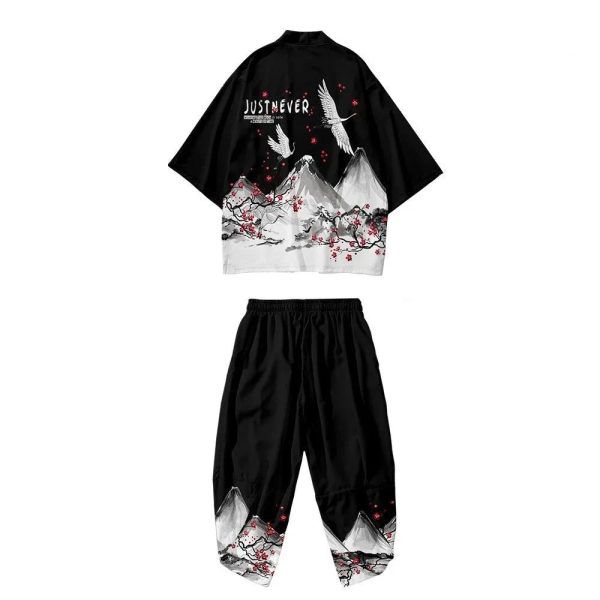 Japanese White Black Sakura Crane Mountains Mens Two-Piece Kimono Yukata Top & Pants Sets